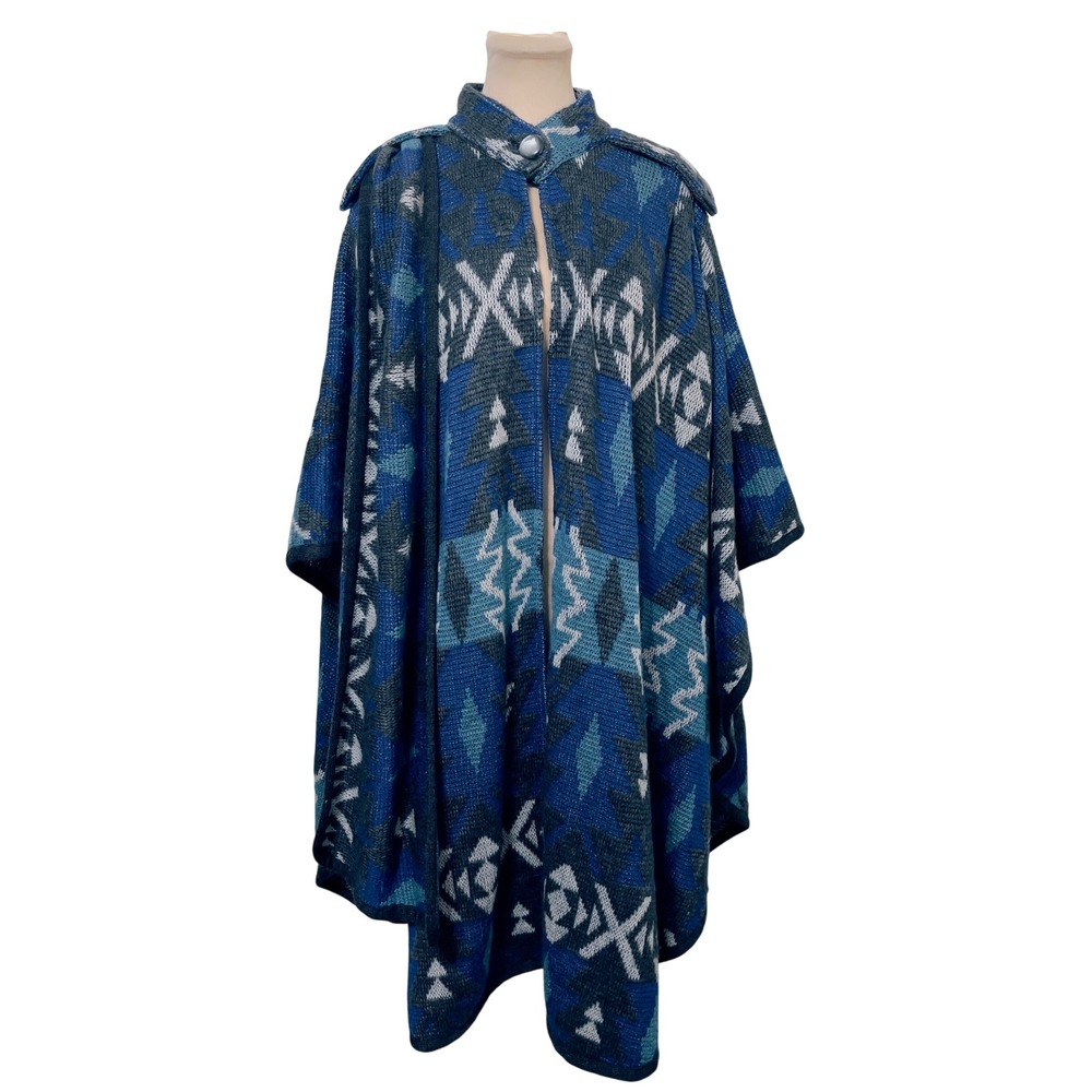 Women Southwest Geometric Knit Poncho Cape OS Blue Aztec Wrap Boho Layering